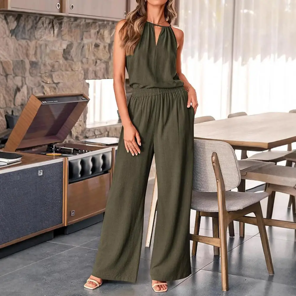 Retro Brick Red Women Cotton Linen Two-piece Set Casual Sleeveless Halter Blouse Top Wide Leg Pants Set Summer Lounge Suit