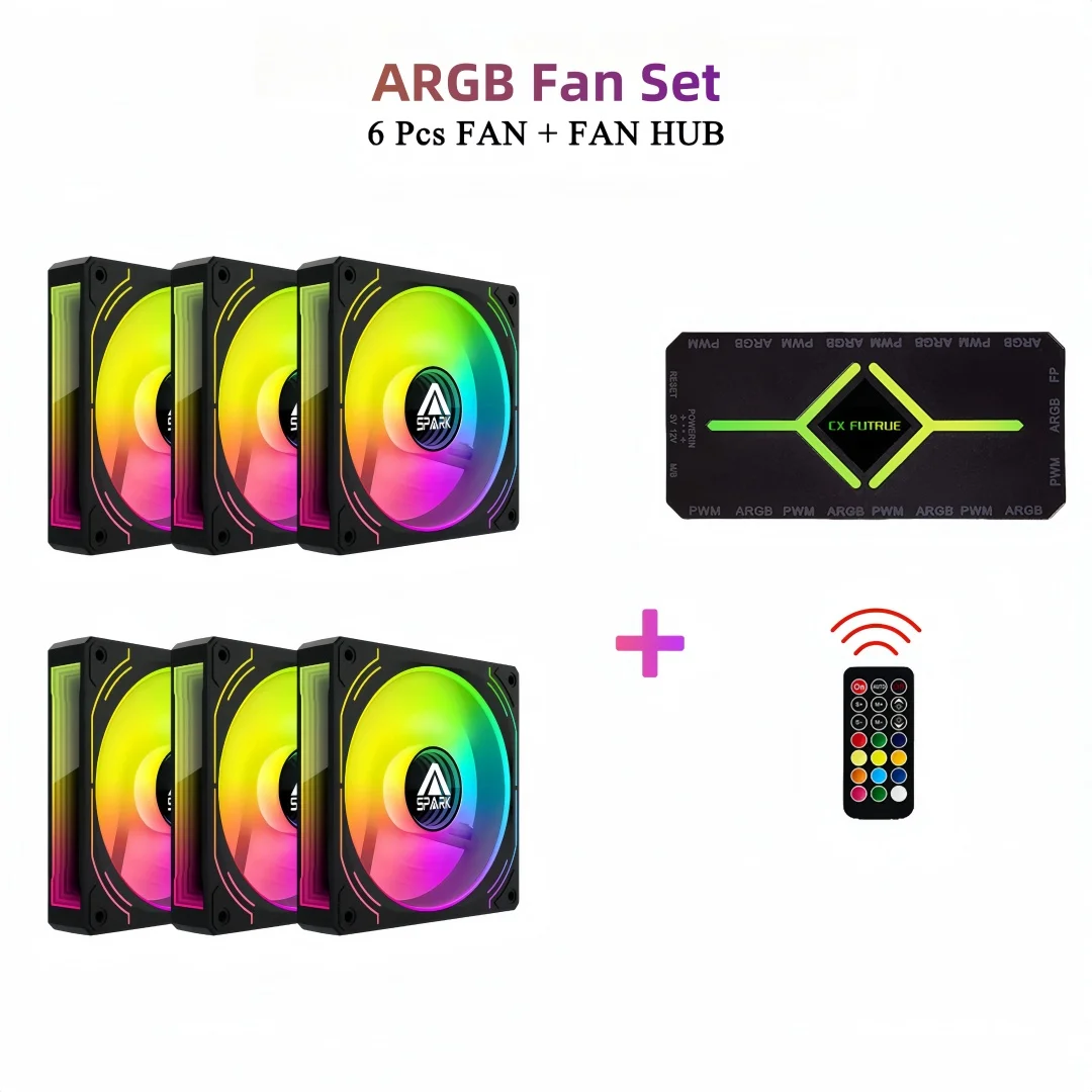 

CX FUTRUE Chassis cooling fan set, ARGB cooling fan * 6+dual 8-interface fan hub+remote control (controls lighting changes).
