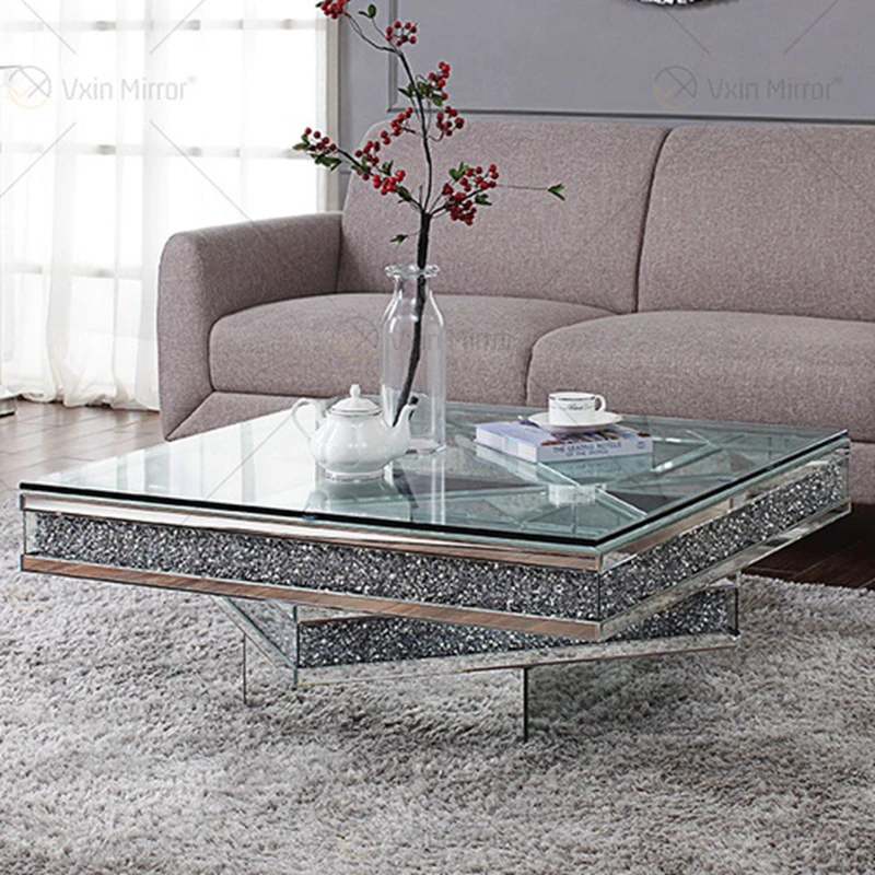 Luxury Shining Tea Table Small Glass Surface Coffee Table Small Funiture for Living Room Silver Color