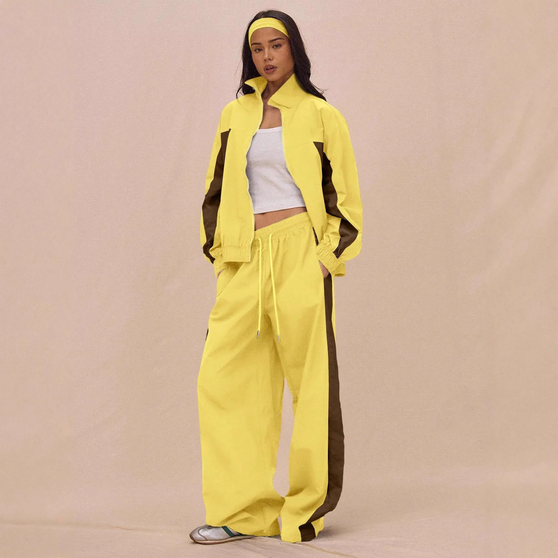 

2026 Women's New Fashion Trend Loose Casual Color Block Long Sleeve Zipper Cardigan Contrast Color Top Pants Sports Suit Women