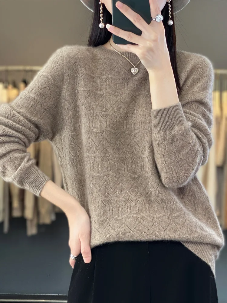 New O-neck Long Sleeve Wave Stripe Solid Fitting Pullover Spring Autumn 100% Merino Wool Women\' Sweater Simple Style Clothing