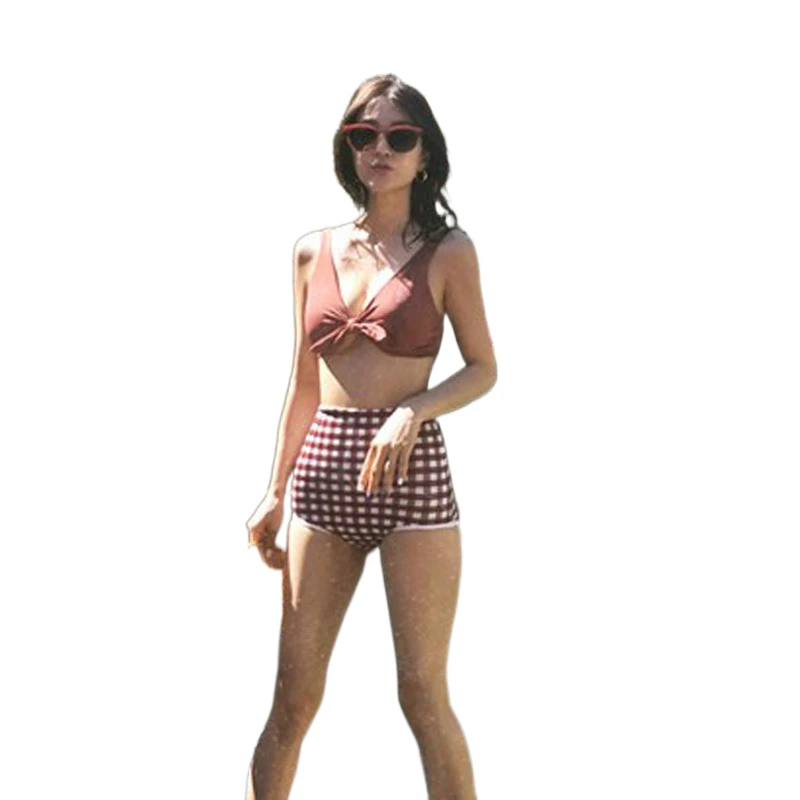 Retro Plaid Ladies Panties New Women Clothing Swimwear Suit Fashion Bra Sexy Lingerie Set High Waist Split Show Thin Swimsuit