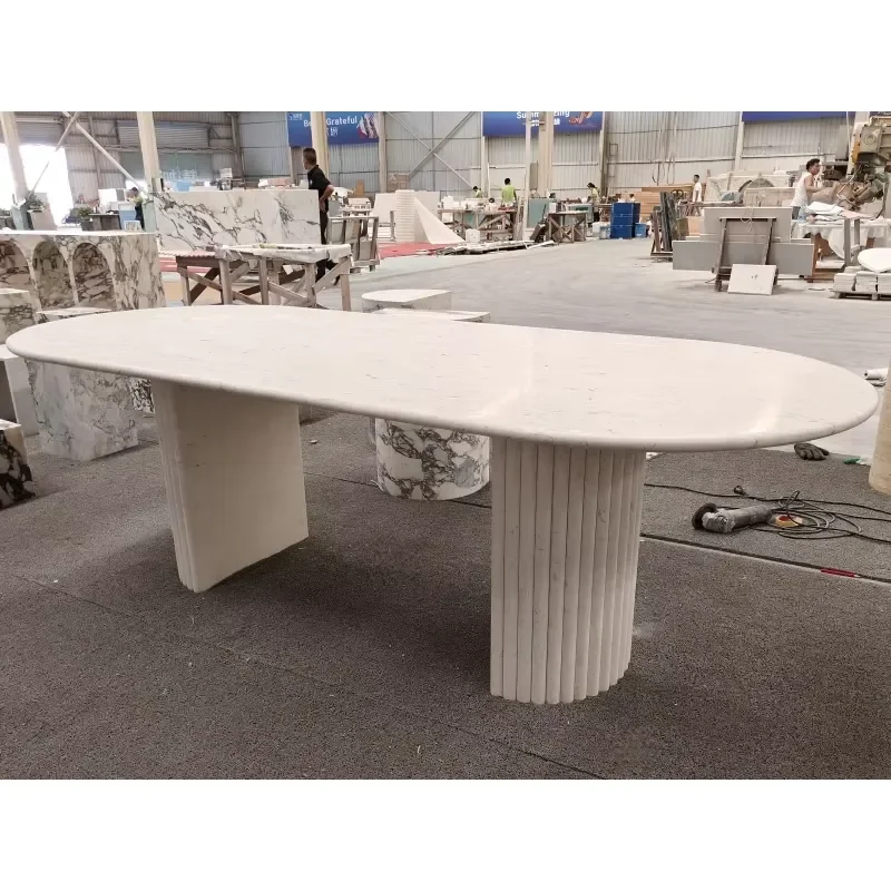 SH STONE Customized Design Minimalist Natural Stone Dining Room Furniture Oval Myra Beige Limestone Marble Dining