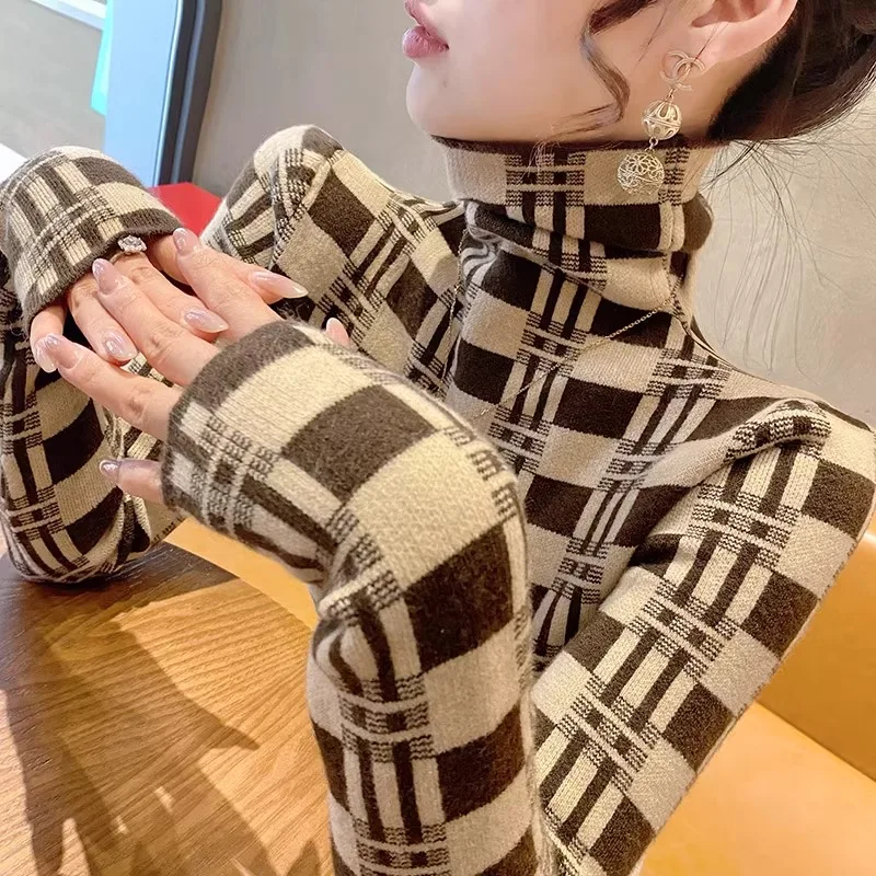 

Autumn Winter Fashion Vintage Casual Plaid Pullovers Women's Turtleneck Sweaters Y2k Chic Elastic Slim Knitted Jumper