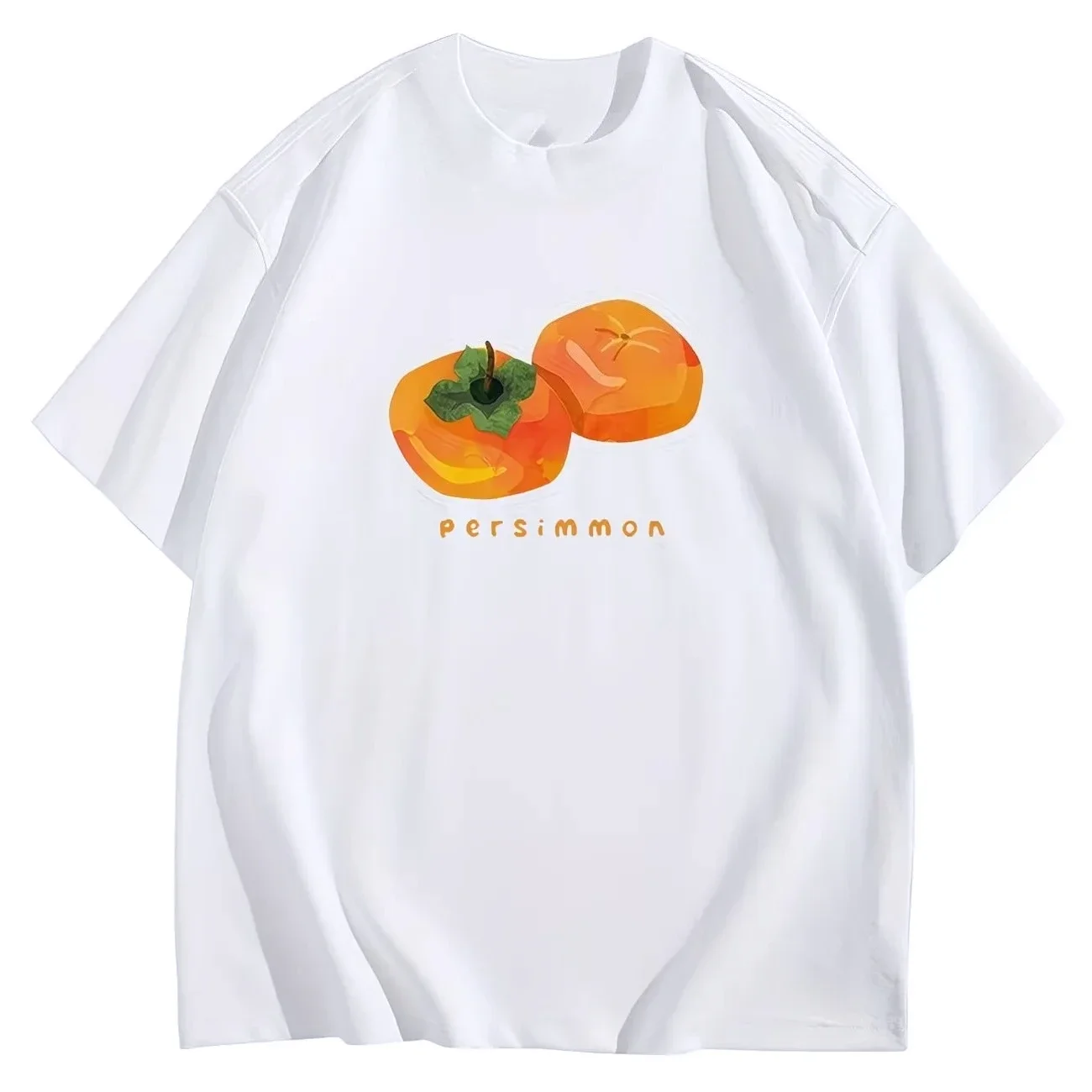 Lucky Persimmon Letter Print Women's Oversized T-shirt Minimalist Fruit Graphic Tee Summer Short Sleeve Casual Fashion Gift Tops