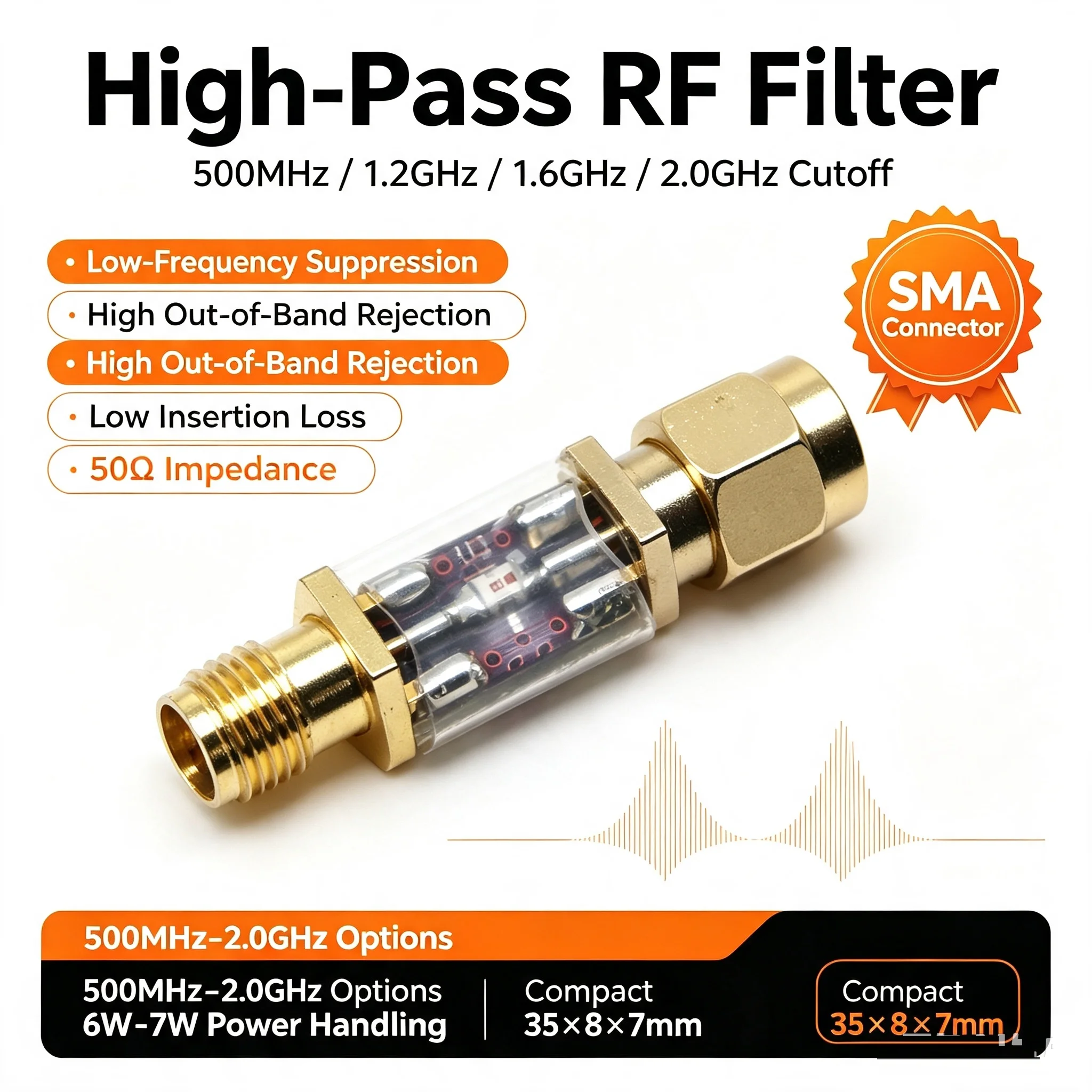 High‑Pass RF Filter 500MHz 1.2GHz 1.6GHz 2GHz HighPass Low Frequency Rejection for SMA Front-End Signal Wireless Communication