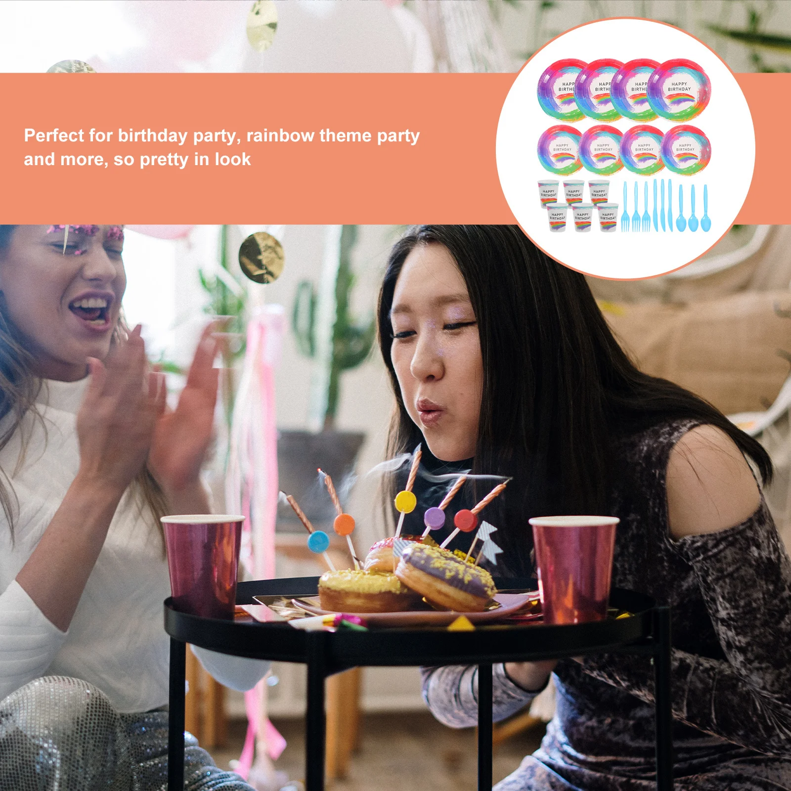 

1 set Rainbow Paper Plate Cups Fork Spoon Set Disposable Party Tableware For Birthday Shower, Rainbow Theme Celebration