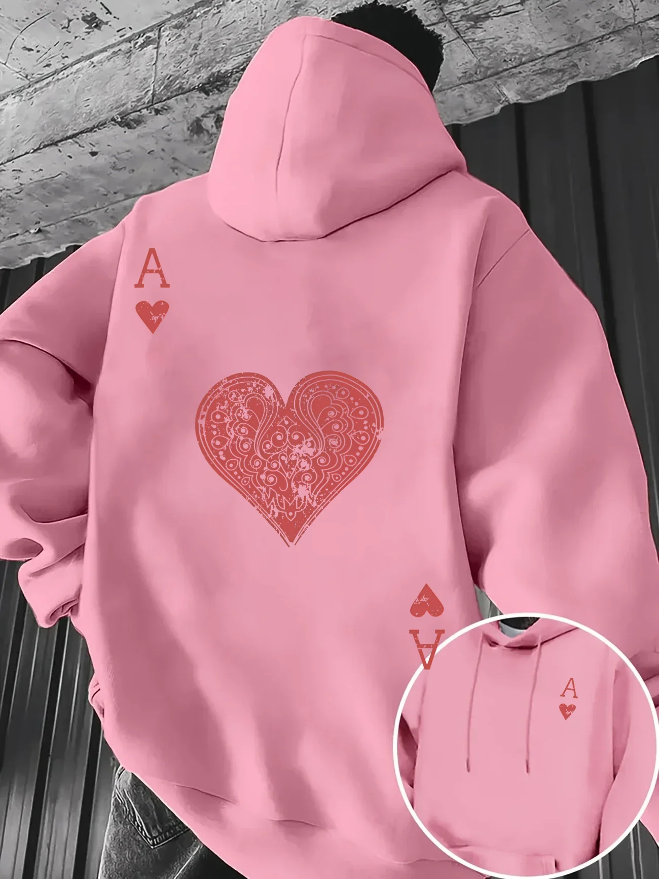Autumn/Winter Men's Hoodie with Ace of Hearts Playing Card Retro Back Print, Loose-fitting Casual Sweatshirt for Outdoor Comfort