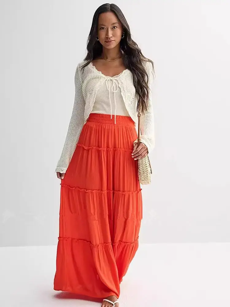 

Юбка-трапеция Ele с высокой талией, дышащая шелковая длинная юбка-торт, DP34, свободная посадка для поездок на работу в долларах США, лето 2025 г.