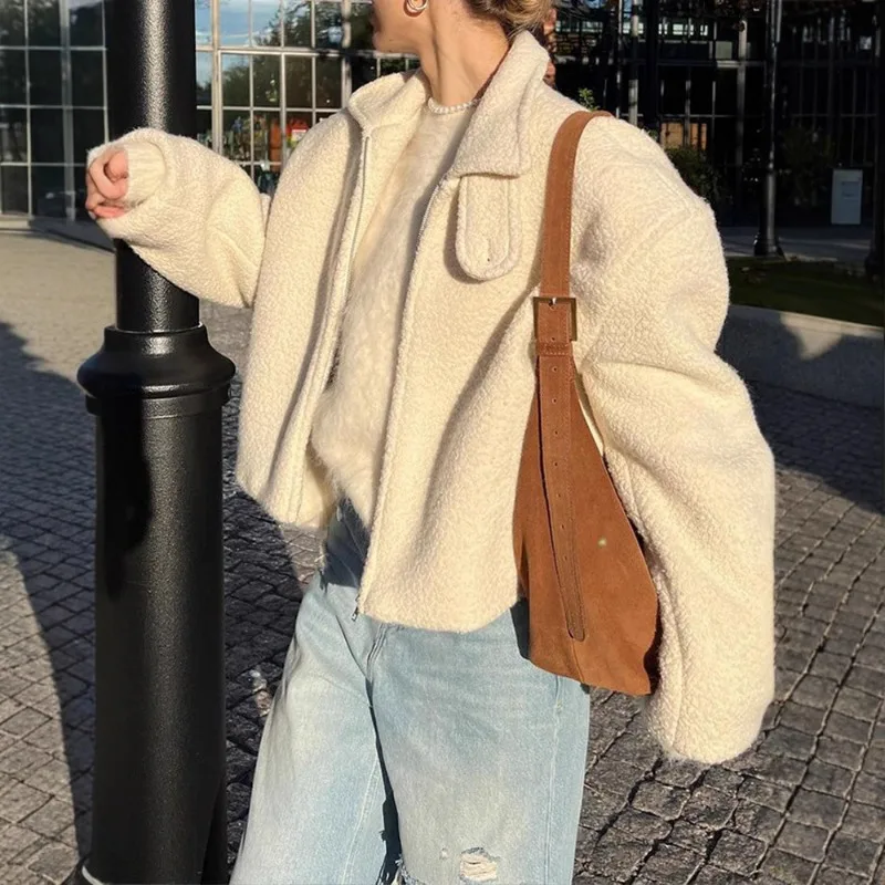 

Winter Fashion Solid Color Lamb Wool Solid Color Jacket Flip Collar Women's Thick Warm Zipper Long Sve Short Coat 2025 New Wo