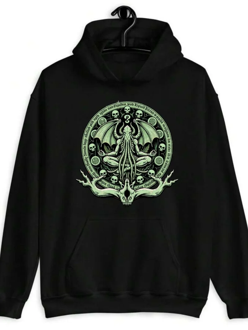 Cthulhu-Hoodie für Herren und Damen – Meditierende Lovecraft-Horror-Grafik mit mystischem Winter-Thermo-Hipster-Essentials-Hoodie-Oberteilen