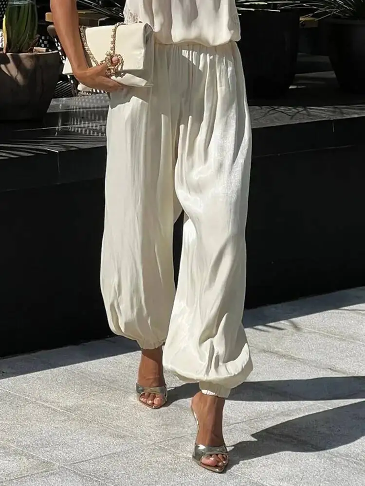 JULISSA MO Elegant Bright Silk Loose Bloomers Women Pants Champagne High Waist Draped Long Trousers Summer Femme Club Streetwear