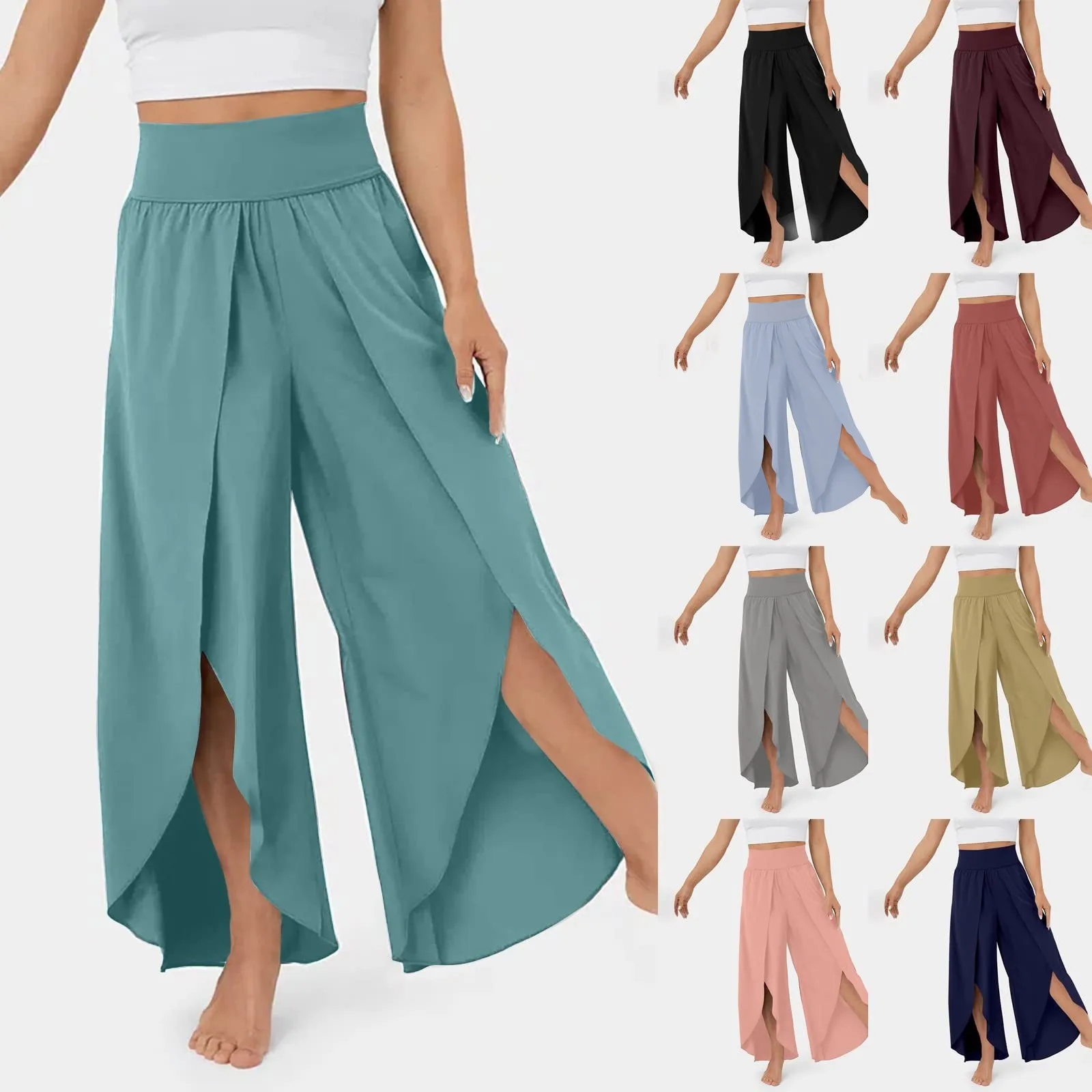 Women Pants High Waist Wide Elastic Waistband Fitness Pants Solid Color Thin Ninth-Length Women Loose Flowy Split Wide Leg Pants