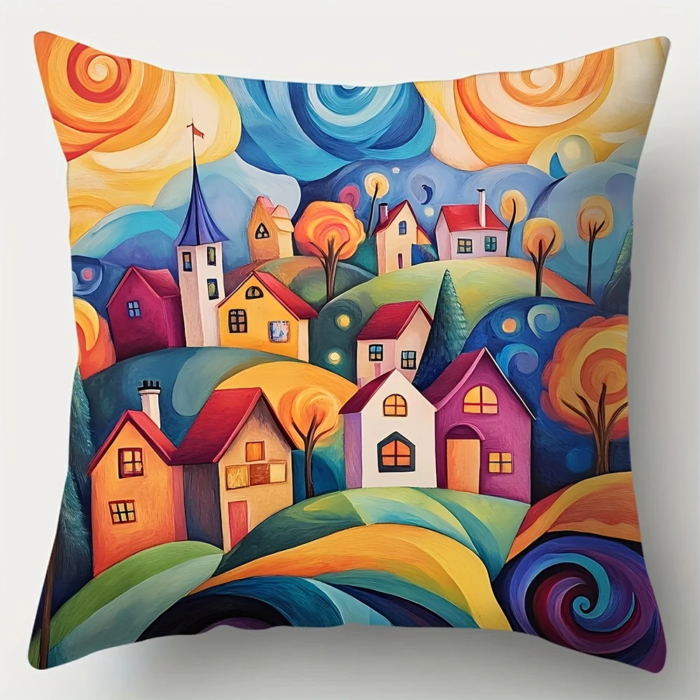 2D Flat Bohemian Whimsical Village Landscape Throw Pillow Covers Decorative Artistic Home Cushion Cases No Pillow Core