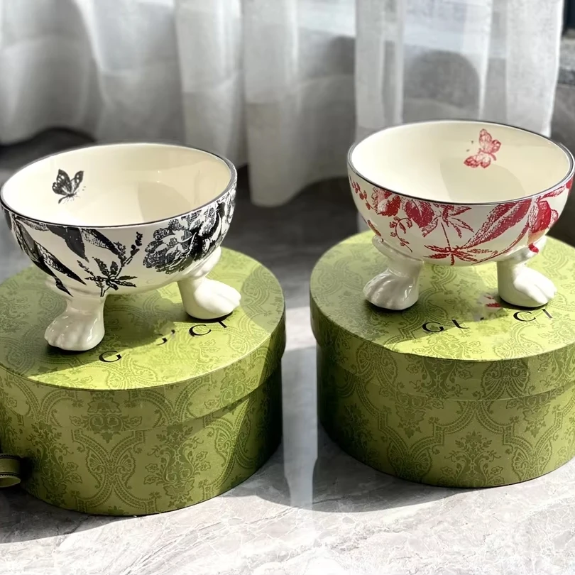 

Ceramic Luxury Designer Brand Catalog G Printed Pet Ceramic Bowl LOGO Dog & Cat Bowl Cutlery Set with Gift Box