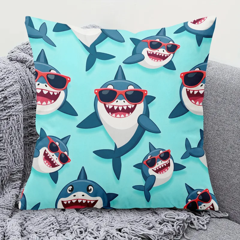 1pc 2D Flat Pillow Not Included Funny Shark Sunglasses Cartoon Cushion Cover Short Plush Kids Room Decor Gift Case