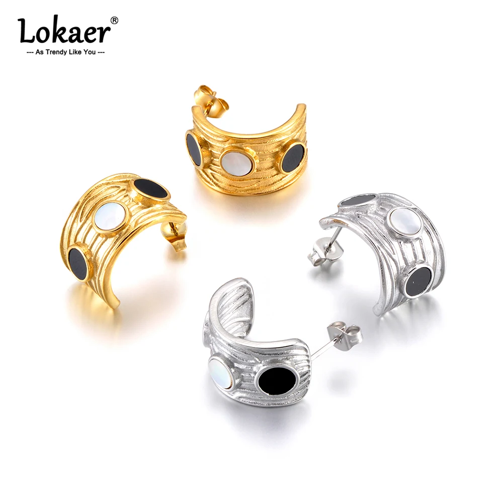 Lokaer Vintage-Ohrringe aus natürlichem Muschel-Edelstahl mit 18 Karat vergoldetem Edelstahl für Damen, elegante Persönlichkeit, geometrisch geformt, E26057