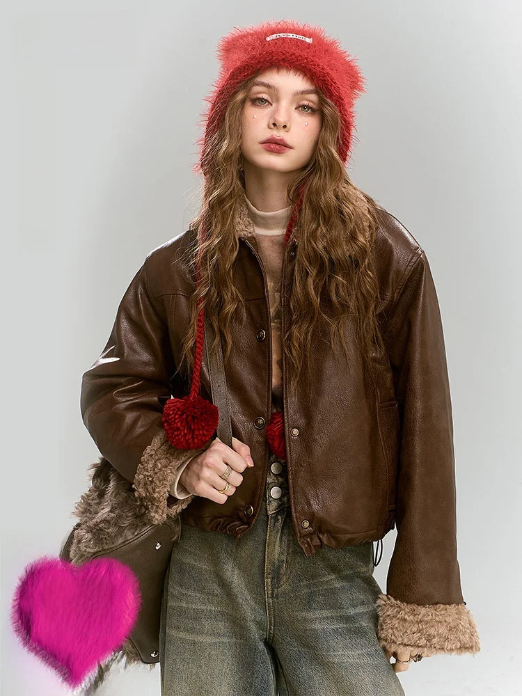 

Куртка женская Cé Brown из искусственной овечьей кожи, лоскутная, повседневная, свободного кроя, длинный рукав, для зимы, в студенческом стиле