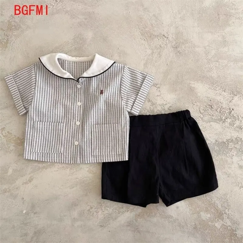 Children's Outfits Summer Collection for Boys Girls Navy Collar Striped Shirt Thin Cotton Retro Doll Collar+ Black Shorts Set
