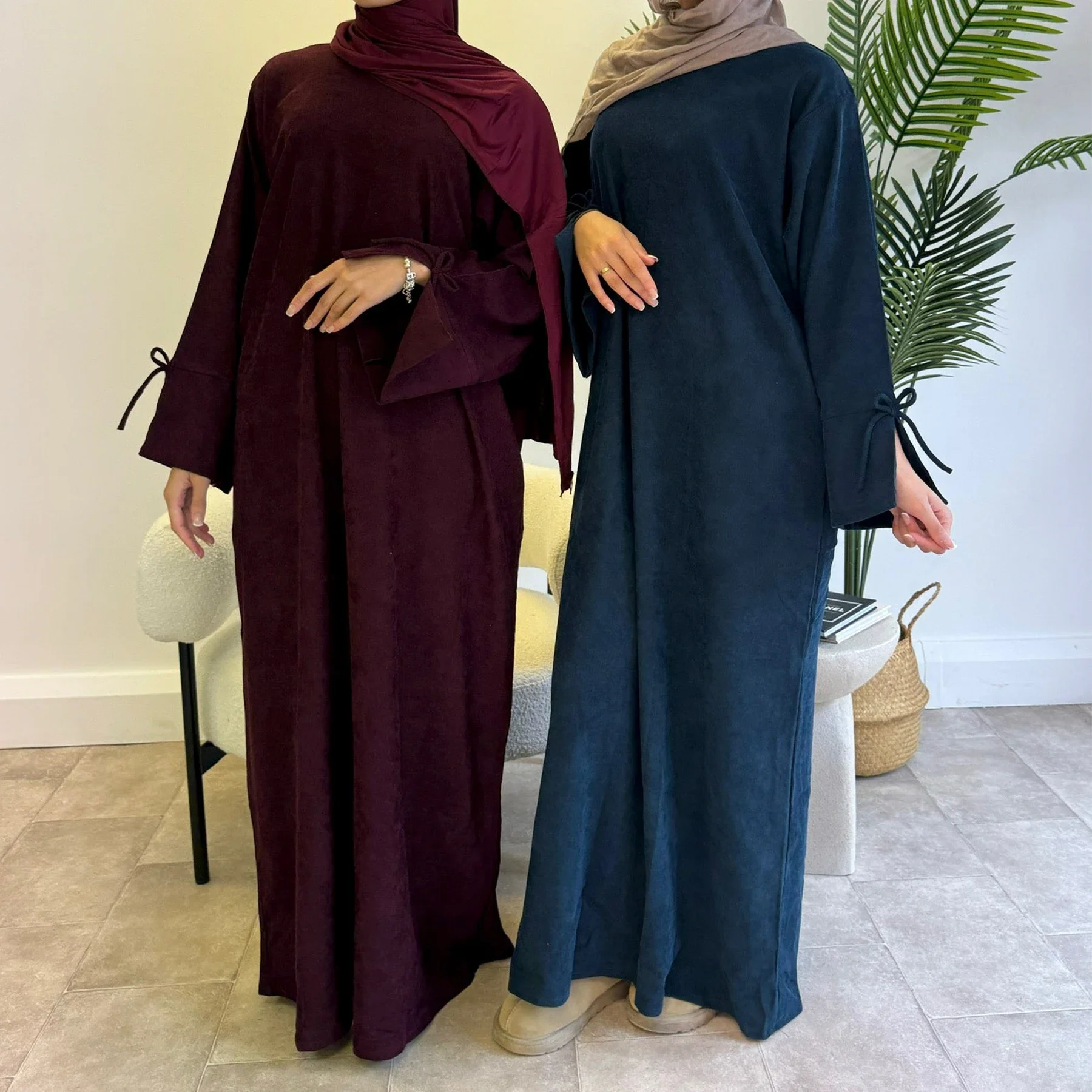 Bowknot Decorations Corduroy Abaya Muslim Women Dress, O Neck Side Pockets, Warm Loose Modest Islam Hijabi Robe, Ramadan, Autumn