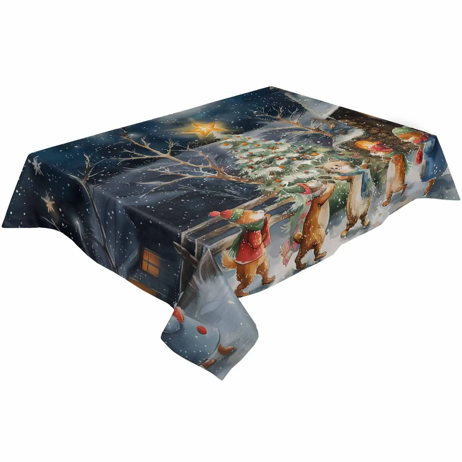 Christmas Tree Forest Moon Bonfire Animals Tablecloths Waterproof Kitchen Coffee Table For Living Room Home Decor Dining Table