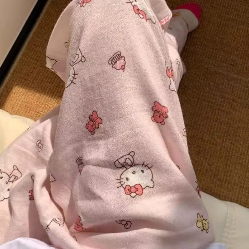 Kawaii Women's Hello Kittys Pajamas Pants Cute Loose Wide Leg Pants Spring Autumn Girl High Waist Casual Trousers Thin Home Pant