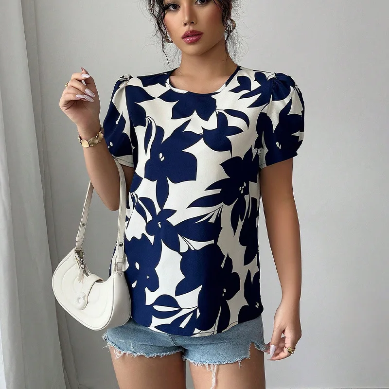 Novedad de verano 2025, camisas europeas y americanas de estilo de vacaciones para mujer, camisas tipo jersey estampadas, camisetas de manga corta para mujer