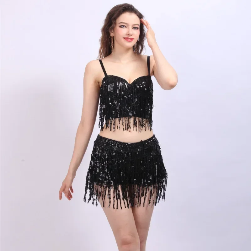 أزياء الرقص الشرقي على الطراز الأوروبي والأمريكي الصيفي شورت شرابة ترتر مكون من قطعتين شورت رفع الورك أزياء المسرح