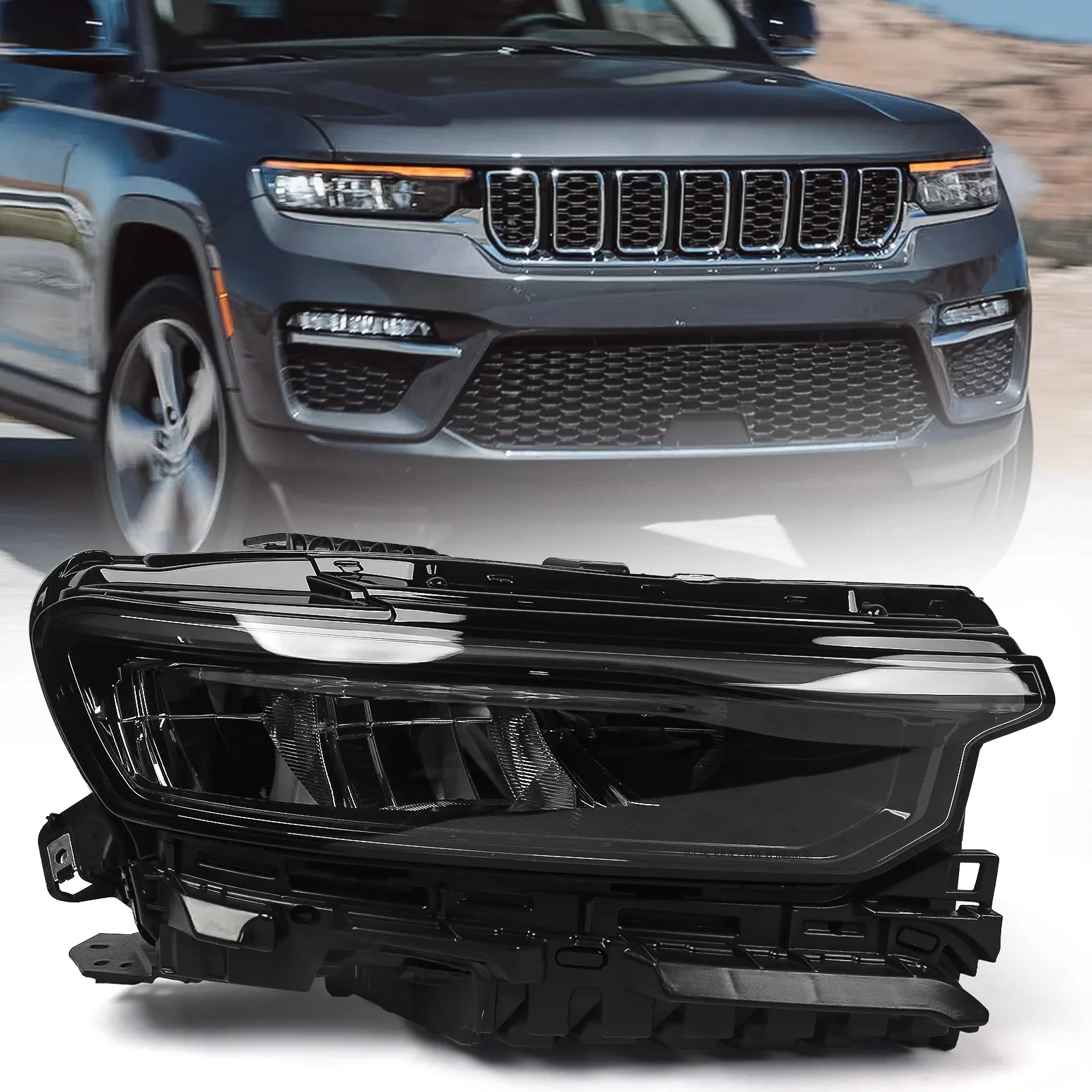 Base LED Headlightw/o Animation w/o Leveling Front light Headlamp Fit For2021-2024 Jeep Grand Cherokeecustom