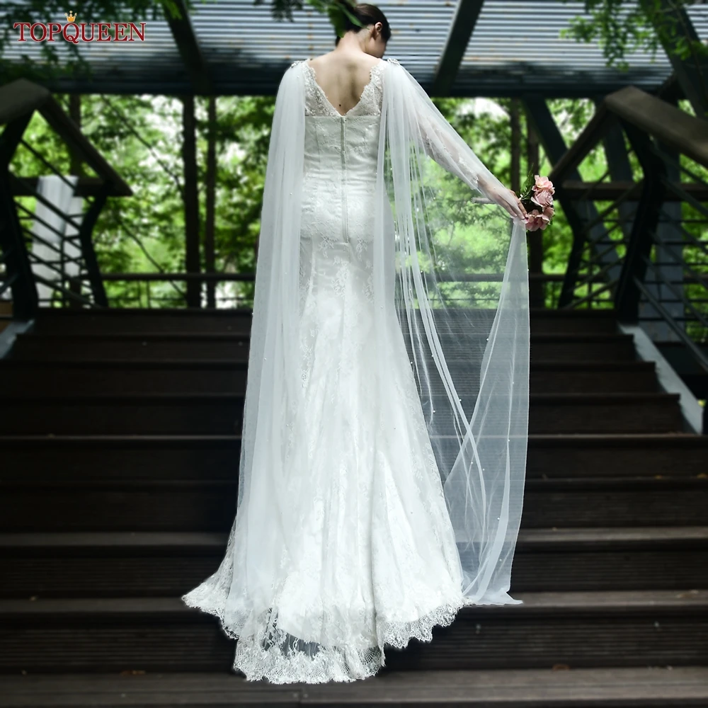 TOPQUEEN VG79 Long Pearl Tulle Shoulder Decoration Removable Women's Evening Dress Accessories Rhinestone Wedding Dress Cape