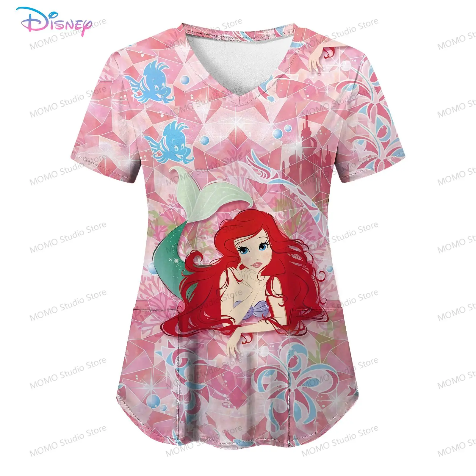 

Pocket Disney Princess Women's V Neck Nurse Uniform T-Shirt Short Sleeve Tee Street Wear S-2XL Woman Clothing Tops 2024 Kawaii