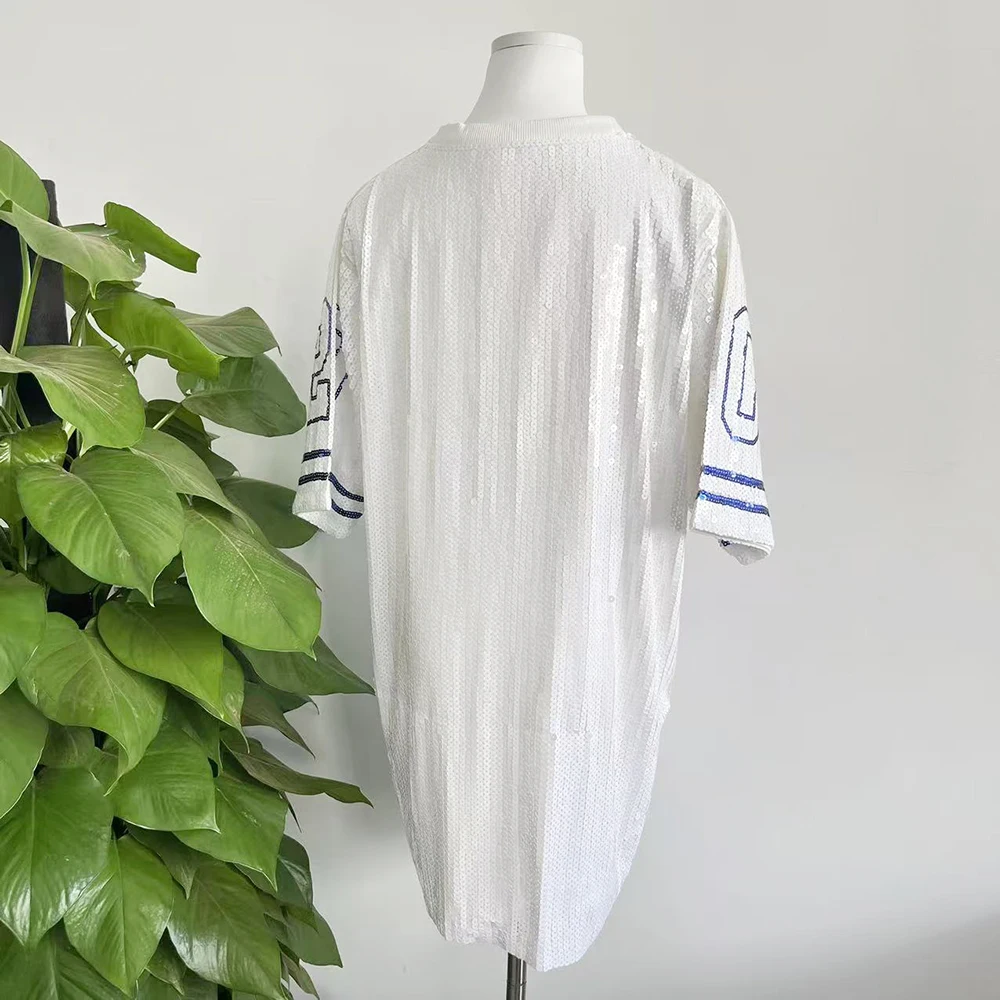 Sequin Glitter number 20 White  ZPB Clothes Half sleeve O Neck Sorority Long T Shirt