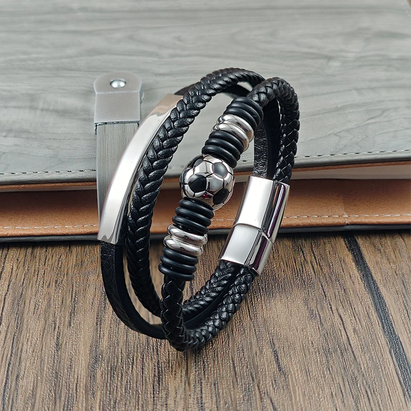 

New Football Men's Leather Bracelets Stainless Steel Magnet Clasp Charms Fashion Punk Bangle Homme Jewelry Luxury Gifts