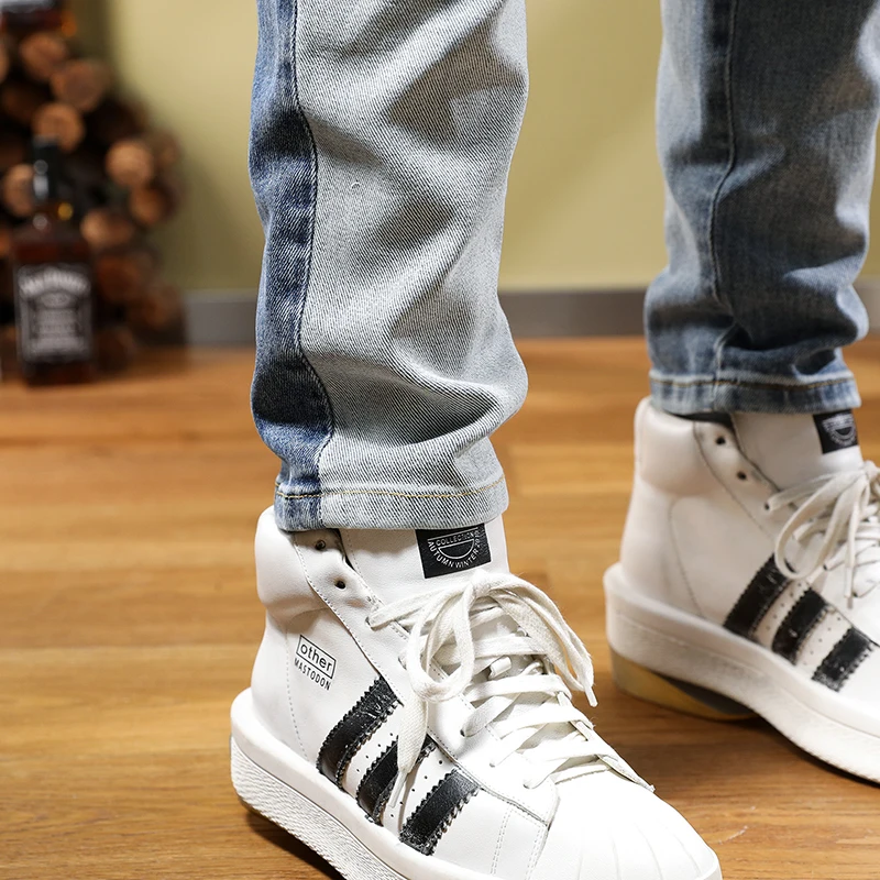 Street Fashion Men Jeans Retro Blue Elastic Stretch Skinny Fit Spliced Ripped Jeans Men Patched Designer Hip Hop Pants Hombre