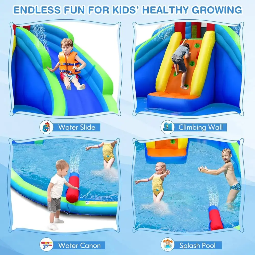 Dmuchane zjeżdżalnie wodne, dmuchane zamki do skakania dla dzieci z długimi zjeżdżalniami, ścianą do wspinaczki i dużym basenem, wodne karabiny i węże.