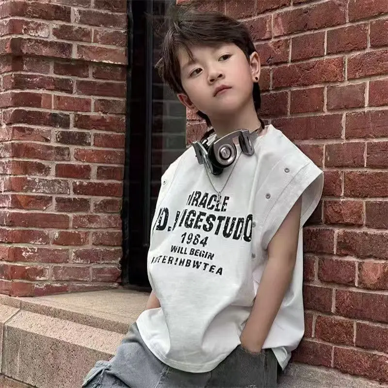 Boys' Short sleeved T-shirt 2026 Summer New Style Children's Personalized Tank Top Shoulder Loose Top Trendy
