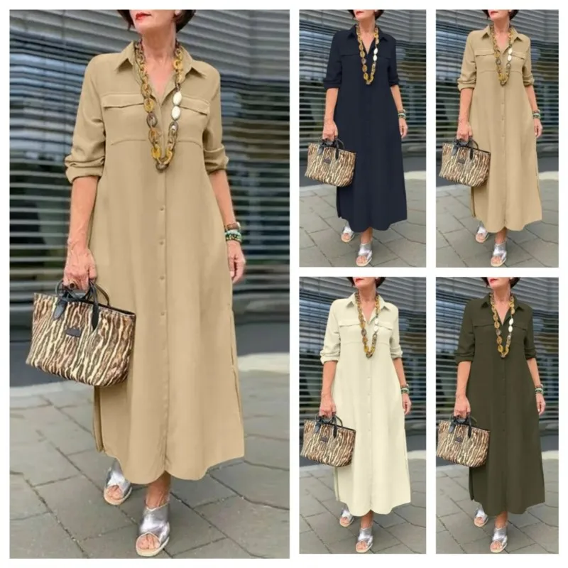 Elegant Women's Khaki Lapel Single Breasted Casual Maxi Dress Spring And Autumn Fashion Long Sleeved Button Pocket Shirt Dresses