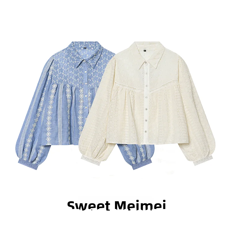 

Romantic Hollow out Embroidery Lantern Sleeve Shirt Women's Loose Fit Polyester Fiber Breathable Short Length Casual Shirt
