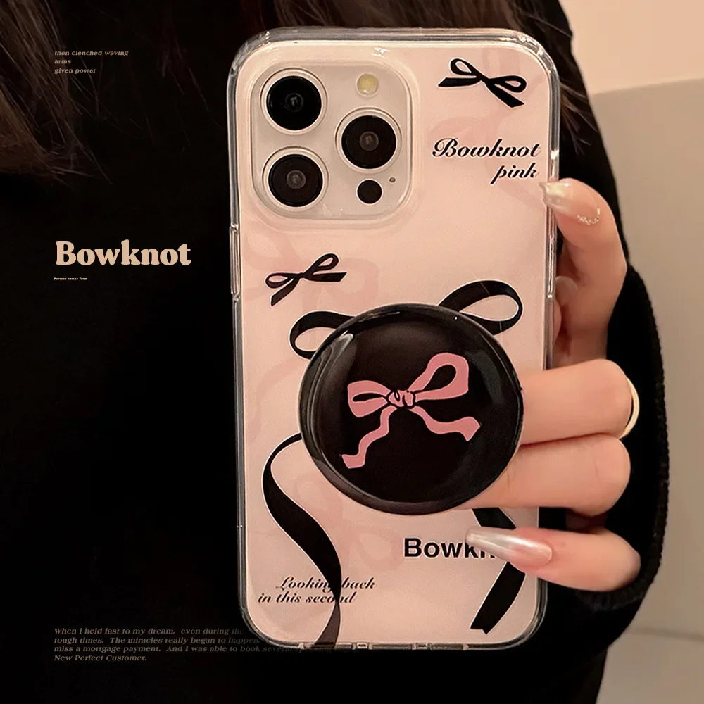 Fairy pink black Ribbon bow tie art Bracket shell Phone Case For iPhone 16 15 14 13 12 Pro Max Case Cute Sweet Cartoon Cover