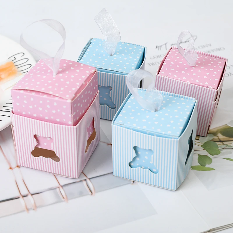 10pcs Cute Hollow Out Bear Candy Box With Ribbons Gender Reveal Boxs Kid Birthday Gifts DIY Creative Party Ornament Supplies