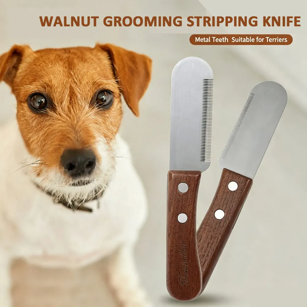 Pet Stainless Steel Wooden Handle Stripping Knife Professional Cat Dog Comb Shaving Plucking Hair Comb Knife Pet Grooming Tools