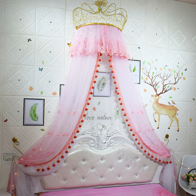 Bed Curtain Princess Wind Mosquito Net Korean Bed Curtain Integrated Pink Wedding Crown Rack Floor Curtain Creel Bedside Curtain