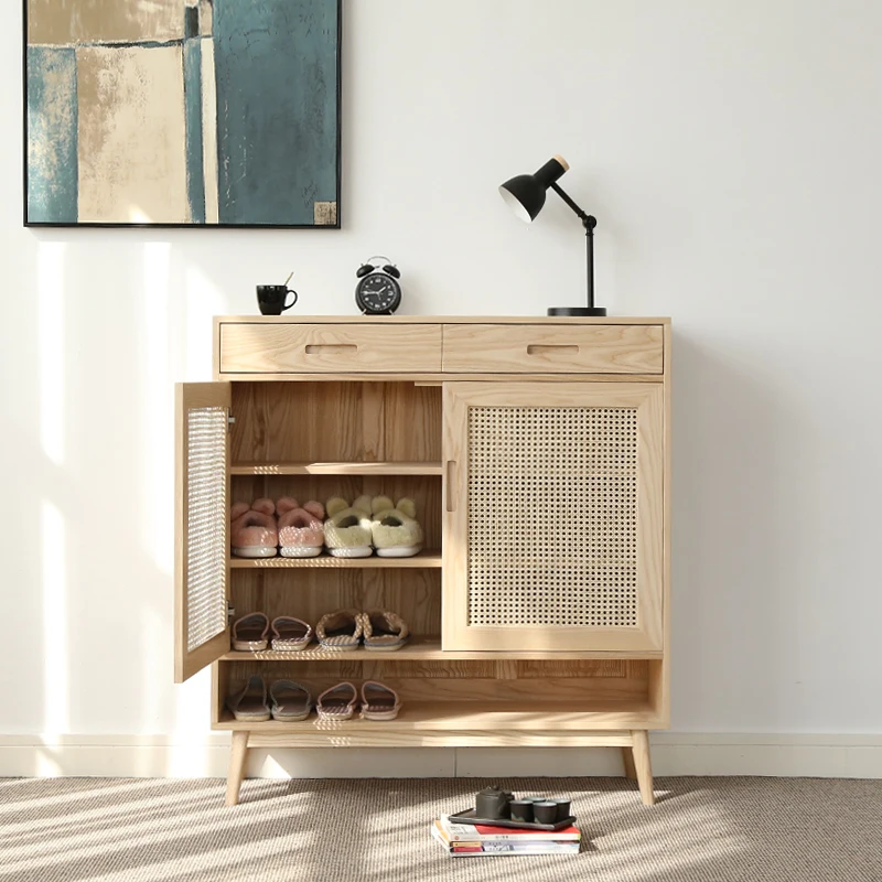 LMM solid wood shoe cabinet Qingmutang Japanese-style simple rattan door ash wood furniture