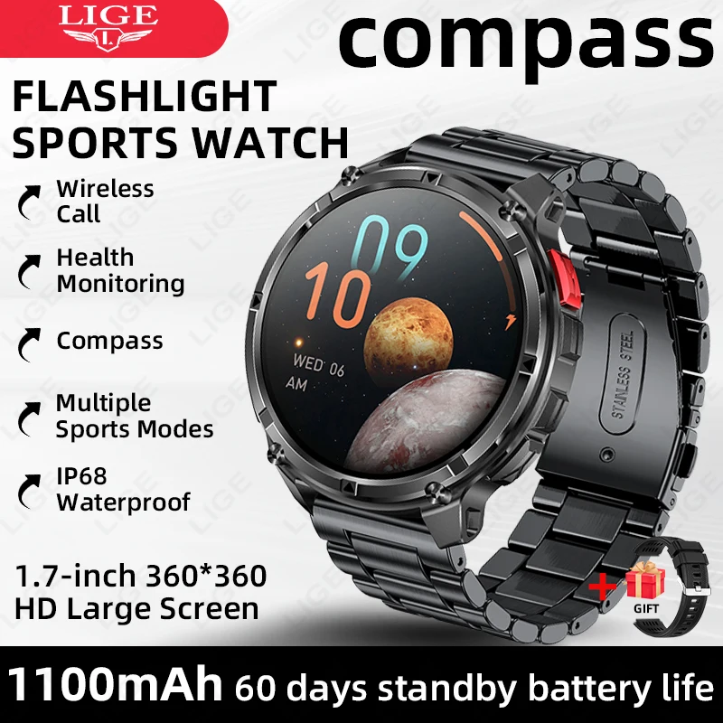 

LIGE мужские спортивные часы с трекером на открытом воздухе, 1100 мАч, большая батарея, длительный режим ожидания, Bluetooth-вызов, IP68, водонепроницаемые мужские умные часы