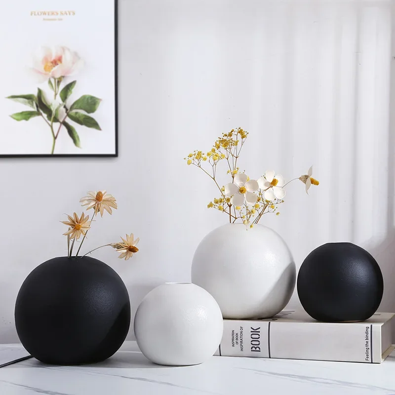 1pcs Nordic Ball Vase Ceramic Ornaments White Black Flower Pot Pampas Grass Home Decoration Office Living Room Bedroom Decor