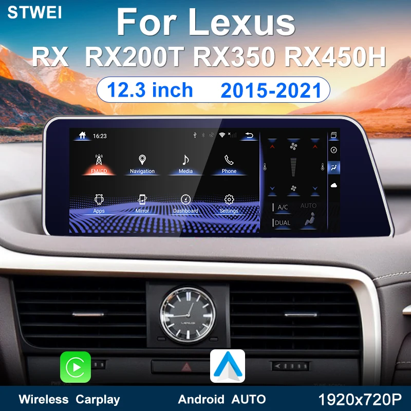 

Для Lexus RX RX200 RX270 RX300 RX350 RX400H RX450H 2015-2016-2021 12,3-дюймовый автомобильный радиоприемник, мультимедийный плеер, Android 13 Carplay GPS