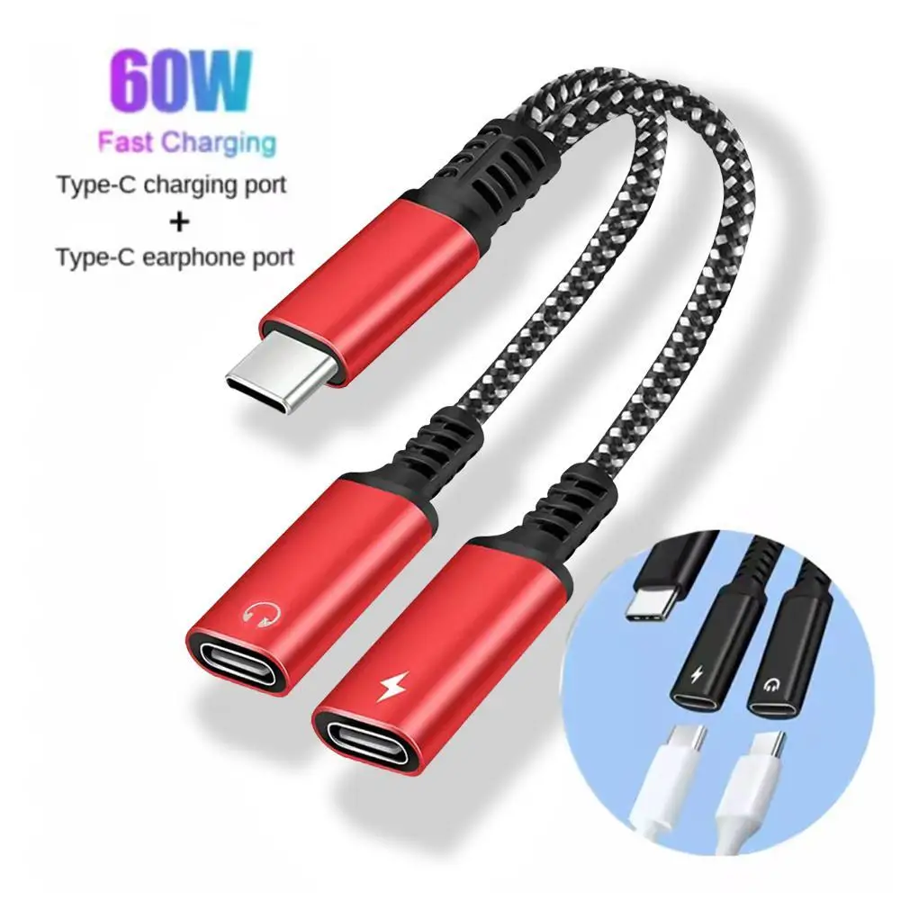 2 in 1 60w Type C Splitter to Dual Type USB C Headphone Jack Audio Adapter Fast Charging for Samsung iPhone 