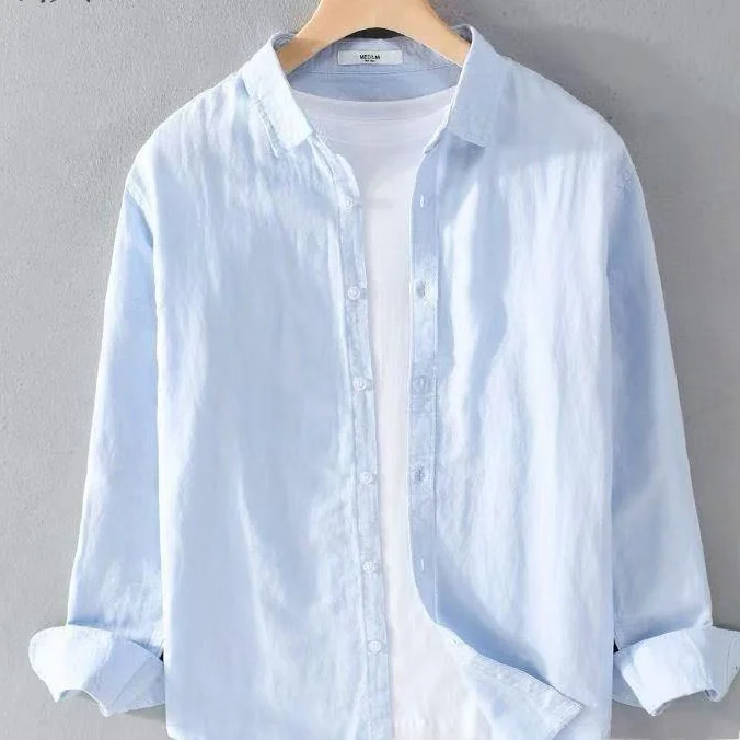 Casual Linen Long Sleeve Men's Shirt White Cotton Linen Jacket Spring Summer New Style Japanese Trend Men's Fashion Shirt