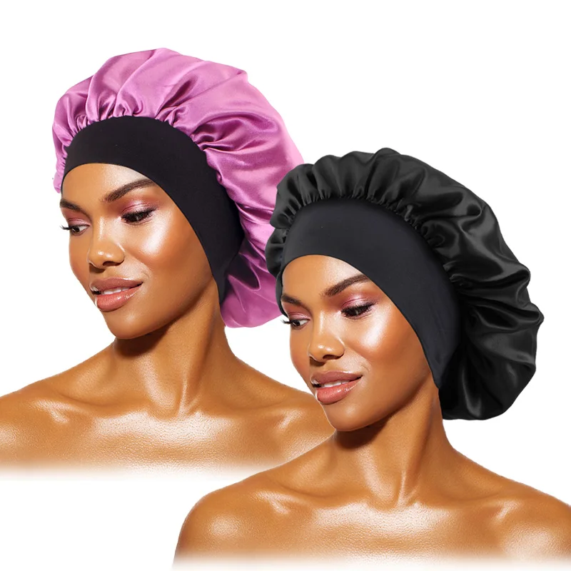 Neue Satin Schlafmütze für Frauen breite Gummiband Dusch hauben für natürliche lange lockige Haare Bad zubehör – Detail 15
