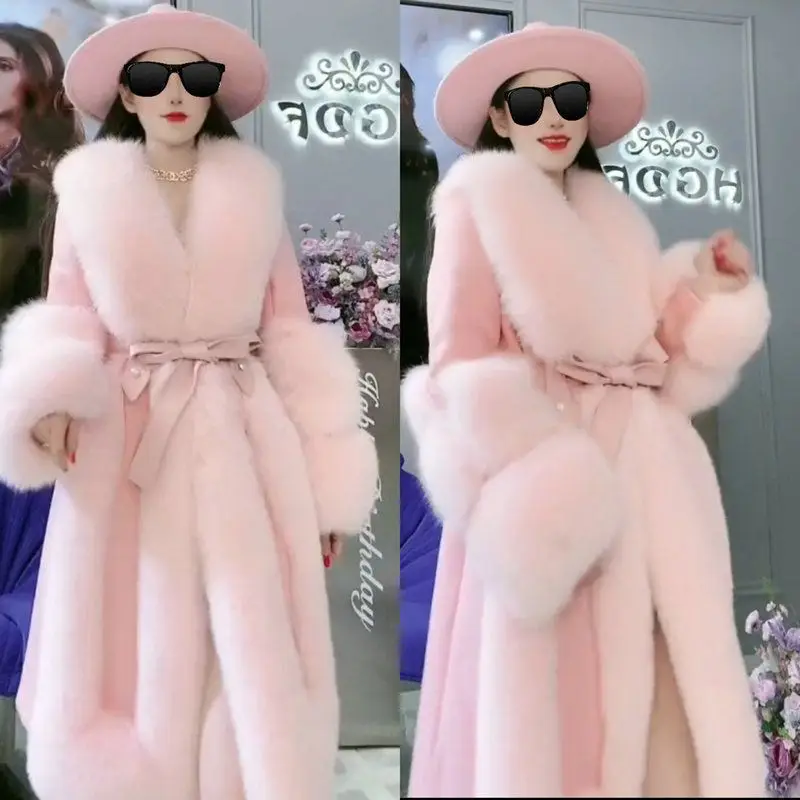 2023 Winter New Women Big Fur Collar Parkas Long Sleeve Mink Fur Fox Outwear Prevent Fur Overcoat Belt Slim Faux Fur Coat